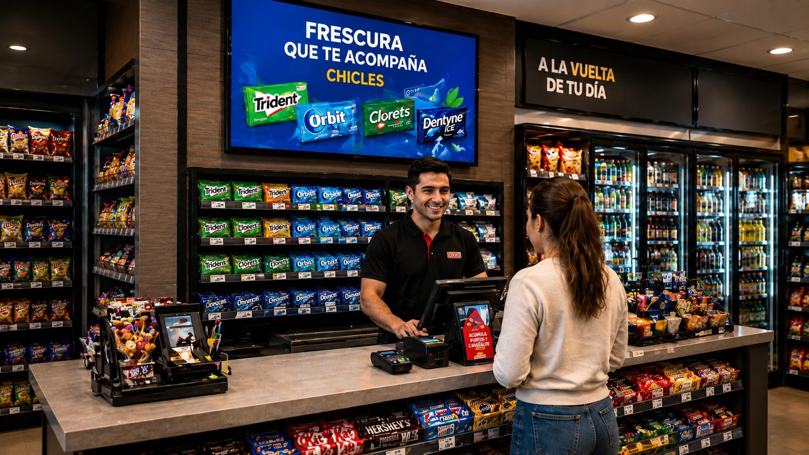 Tienda de conveniencia con pantalla en caja