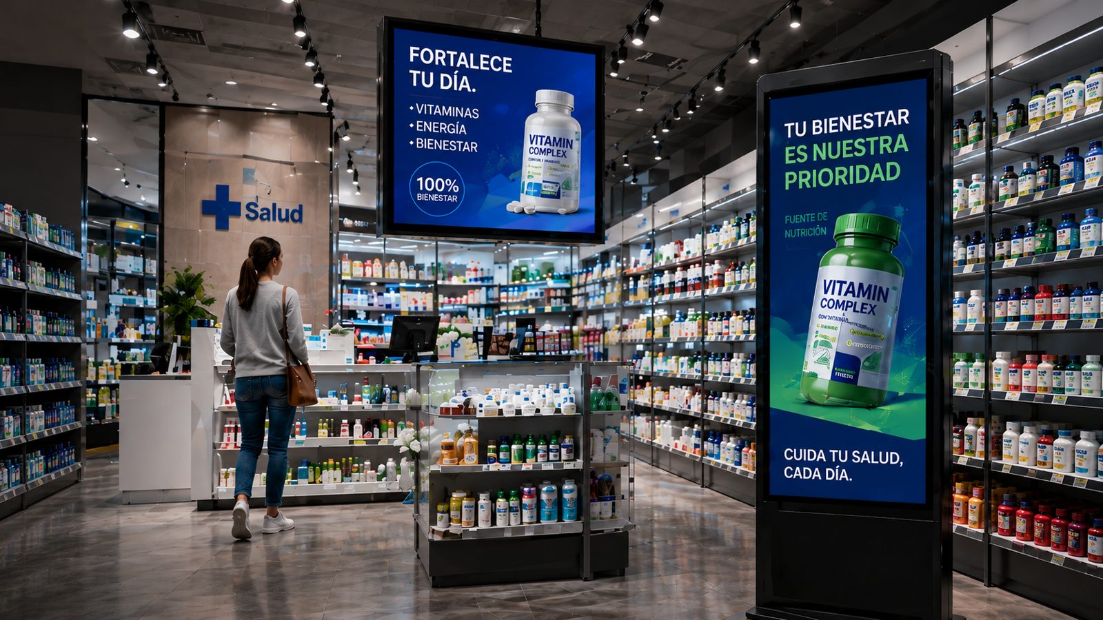 Farmacia con pantallas digitales de vitaminas