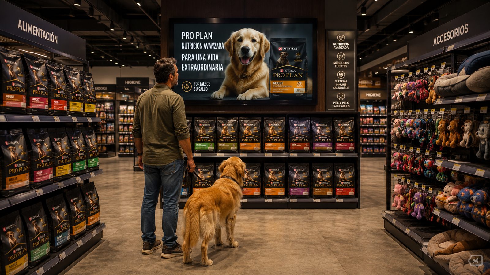 Cliente con su mascota frente a pantalla digital