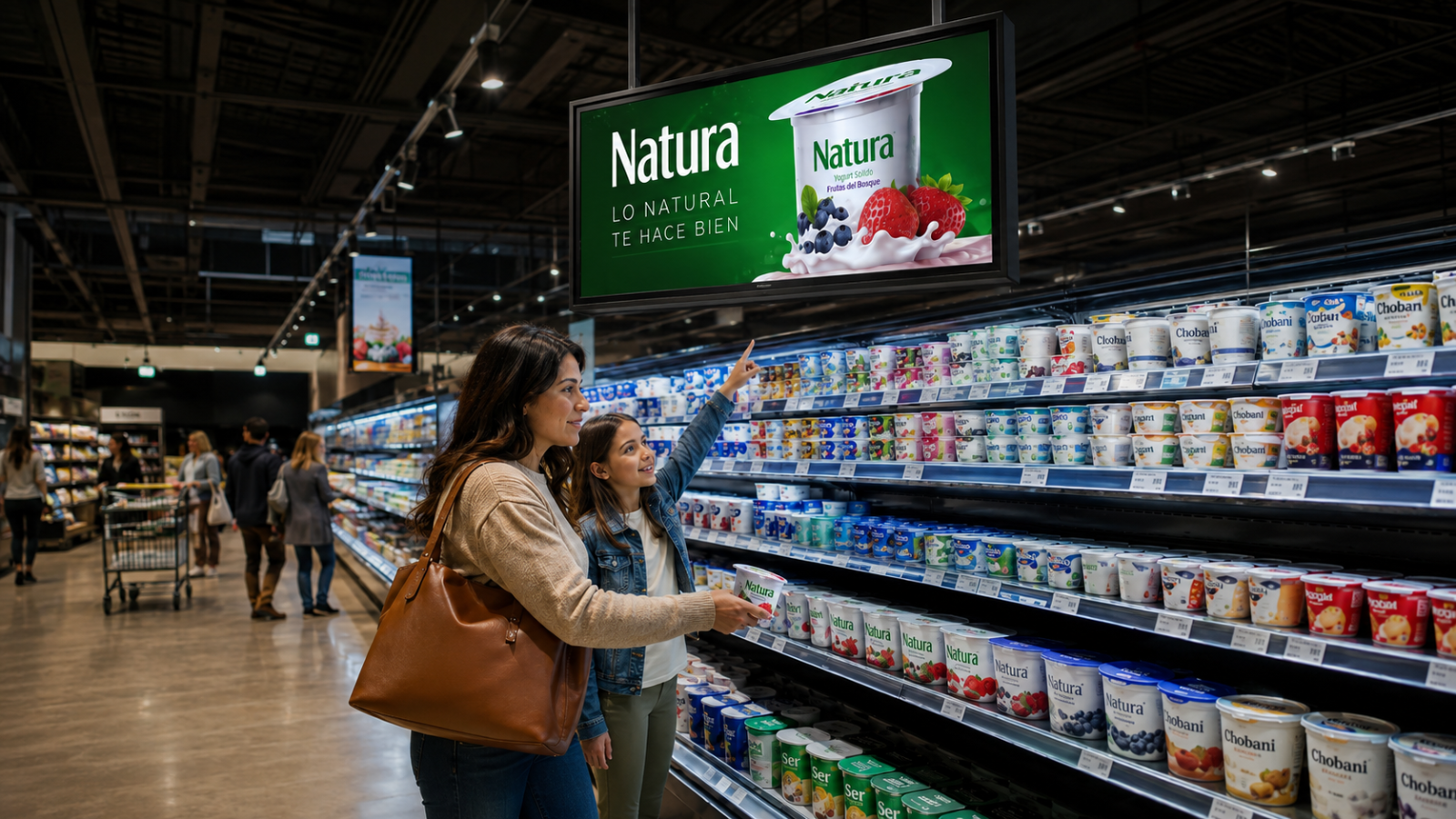 Pantalla digital en pasillo de lácteos de supermercado